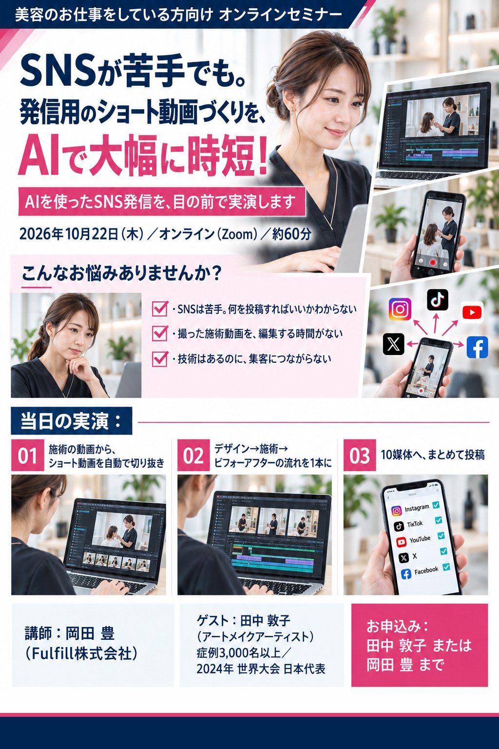 美容のお仕事をしている方向けオンラインセミナー。SNSが苦手でも。発信用のショート動画づくりを、AIで大幅に時短！ 2026年10月22日（木）オンライン（Zoom）約60分